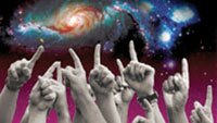 hands pointing to galaxy